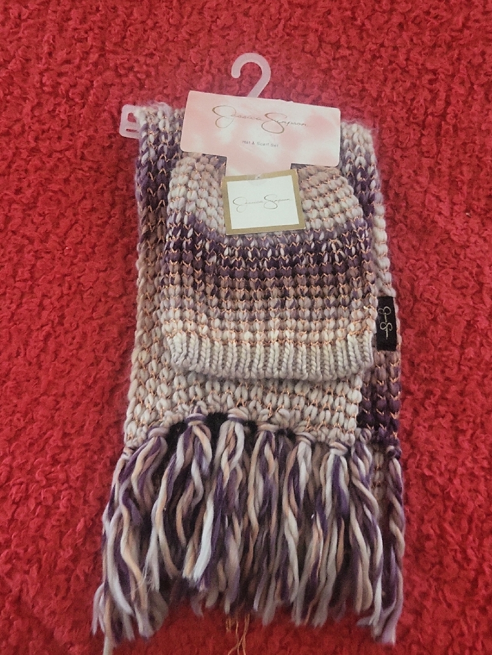 Jessica Simpson Red, Purple and Cream Striped Knit Hat & Scarf Set